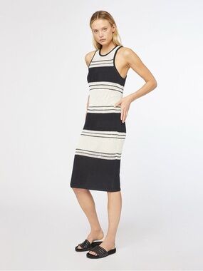 FRAME black navy white sleeveless open knit cotton stripe midi dress size S